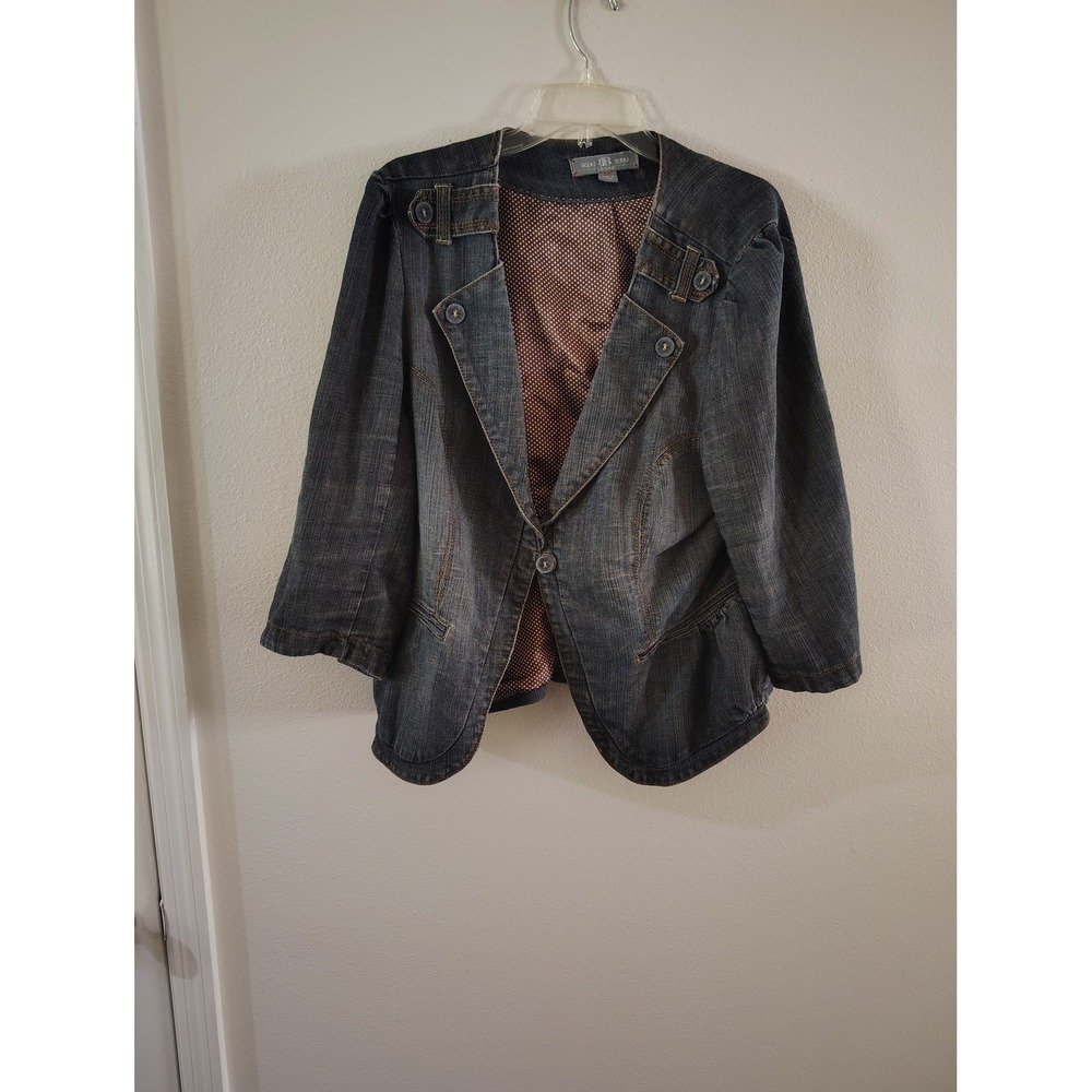 Boom Boom Jeans Denim Blazer Jacket Dark Wash Polka Dot Lining Plus Size 2X‎
